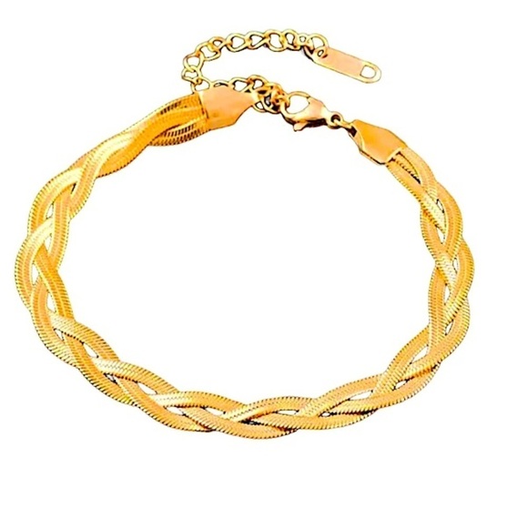 Braided Twisted Gold Plated Herringbone Flat Necklace Matching Bracelet Set - Picture 6 of 8